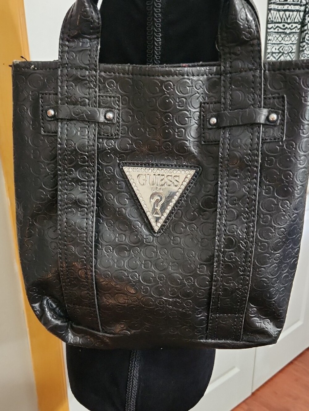 GUESS Black Embossed Logo Tote with Triangle Metal Plaque